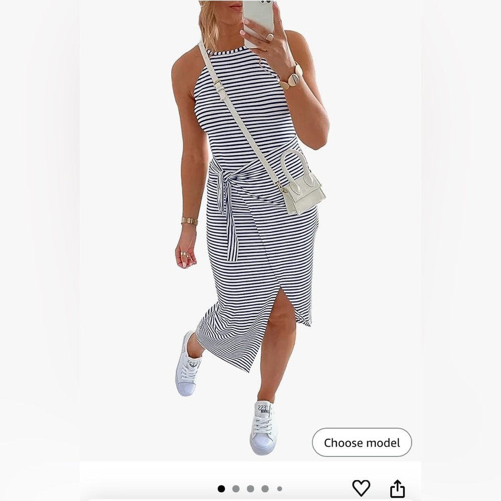 Women Sleeveless Striped Tank Dress Halter Neck Ruched Bodycon Dresses Tie Waist
